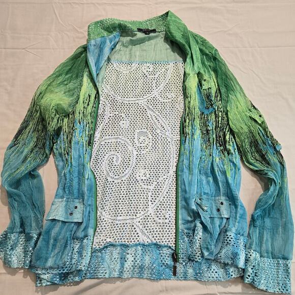 Cativa Wearable Art Jacket Blue Green Abstract Crinkle Mesh Back Sz XL Dopamine - Picture 11 of 12